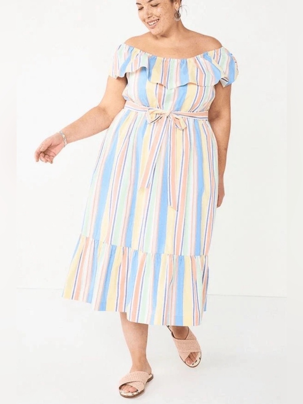 DRAPER‎ JAMES RSVP Off Shoulder Ruffle Sleeve Striped Midi Dress Cottagecore